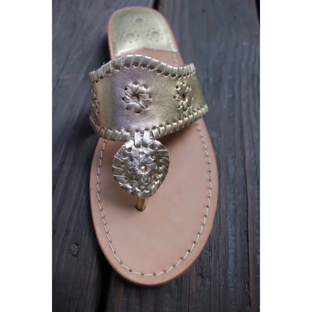 Jack Rogers Leather Flat Sandal Preowned 8.5 Platinum Gold